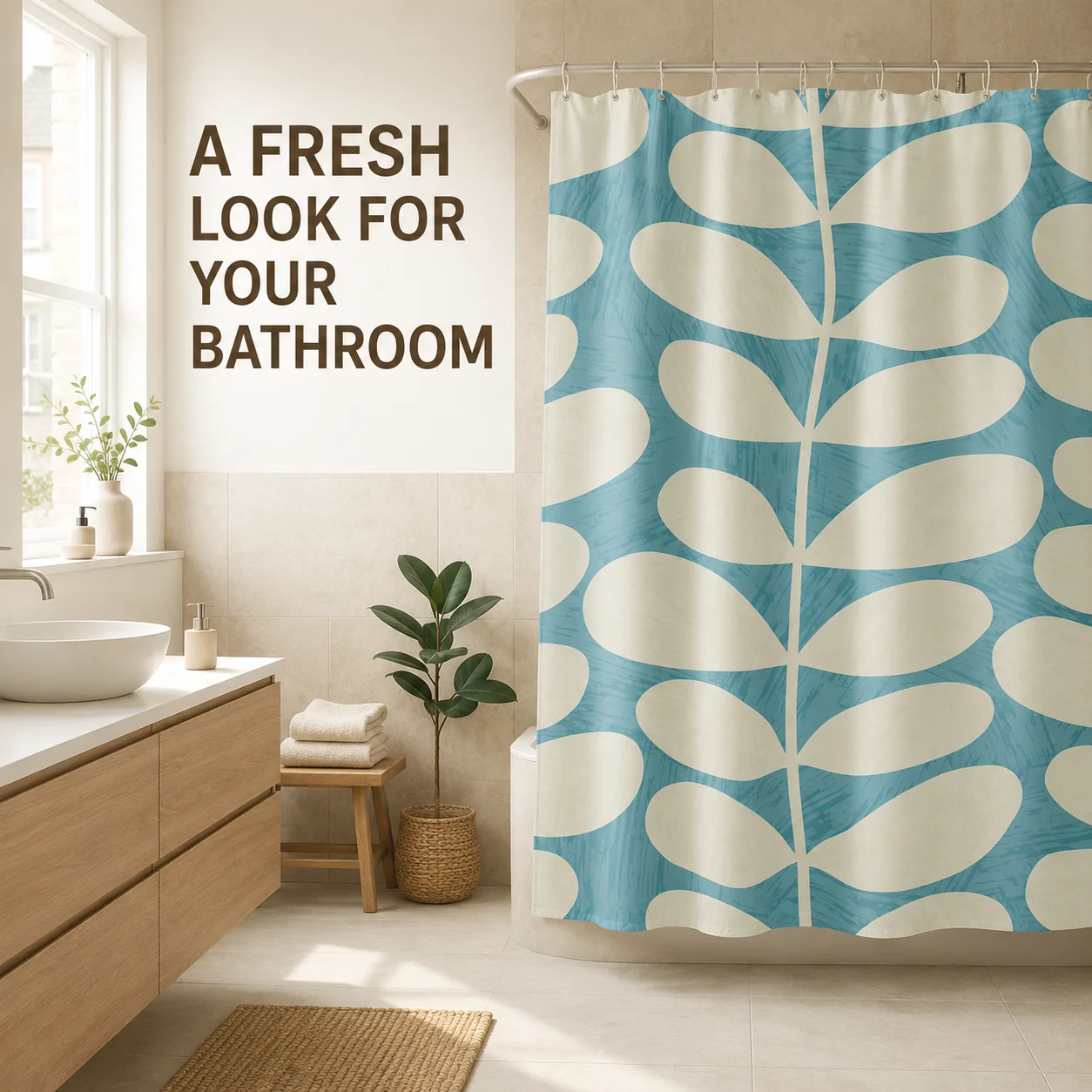 Modern Botanical Shower Curtain – Aqua Blue & Terracotta